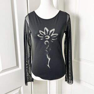 Black Sheer Chiffon Long Sleeve Edgy Whimsigoth Floral Cutout Blouse - XS